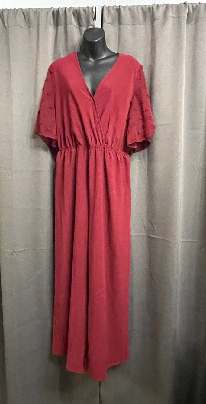 SHEIN Curve Burgundy Swiss Dot V-Neck Flutter Sleeve Wide Leg Jumpsuit Size 1XL